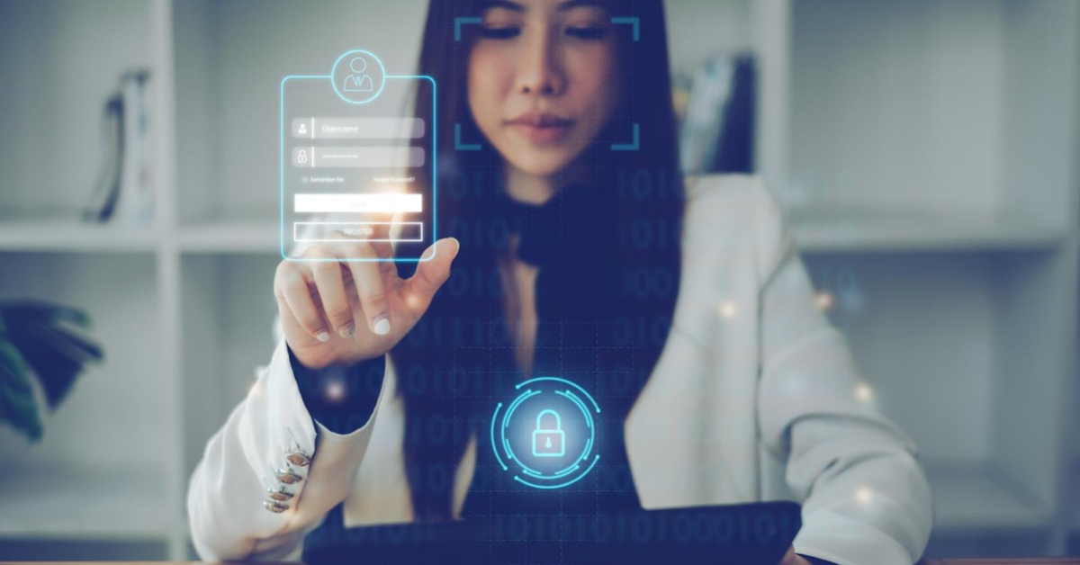 business woman using face scan to cyber security for his saving account